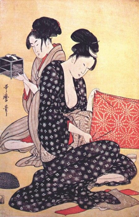 utamaro women making dresses 3-center panel. , 