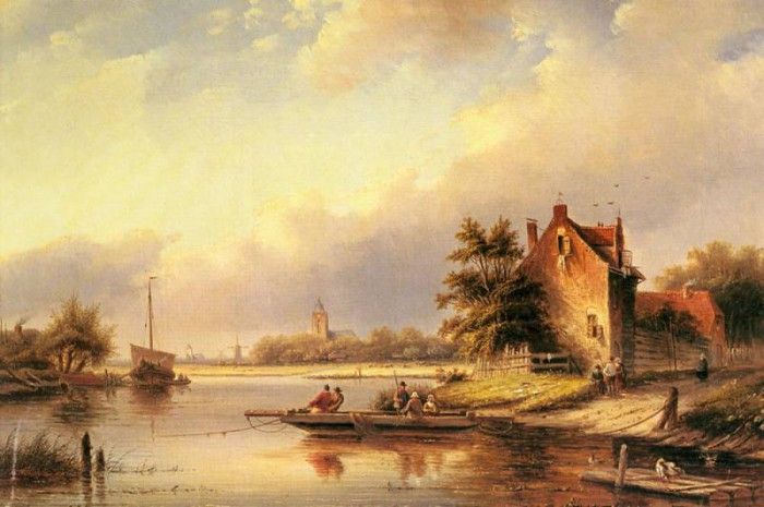 Spohler Jacob Jan Coenraad A Summers Day At The Ferry Crossing. Spohler,   Coenraad