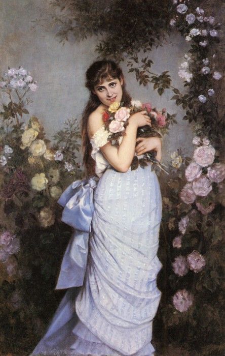 Toulmouche Auguste A Young Woman In A Rose Garden. Toulmouche, 