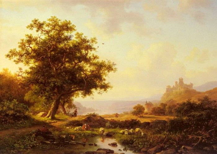 KRuseman Frederik Marianus An Extensive River Landscape With A Castle On A Hill Beyond. Kruseman,  