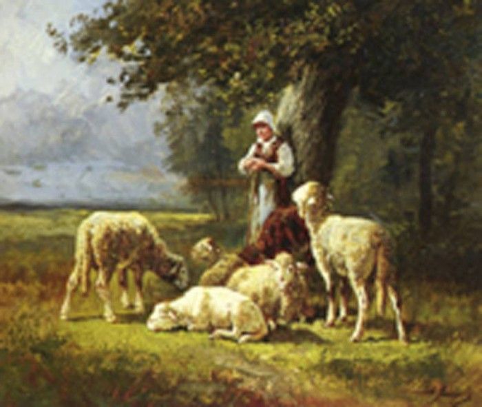 Jacque Charles Emile (French) 1813 to 1894 A Shepherdess With Her Flock In A Woodland Clearing O . ,  