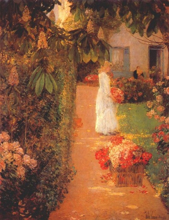 hassam gathering flowers in a french garden 1888. , 