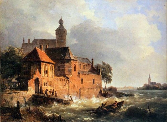 Springer Cornelis Men in boat at choppy sea Sun. Springer, 