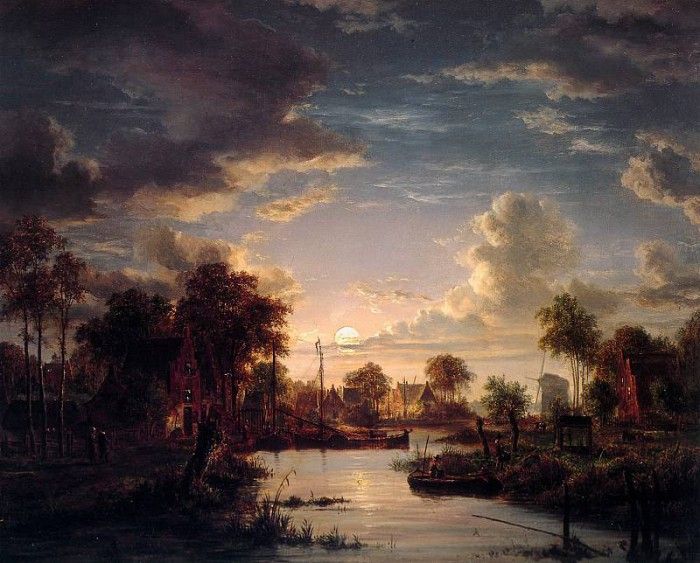 Abels Jacobus Landscape at moonlight Sun.   