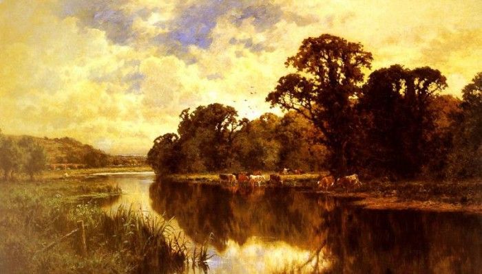 Parker Henry Hillier Cattle watering On A Riverbank. ,  