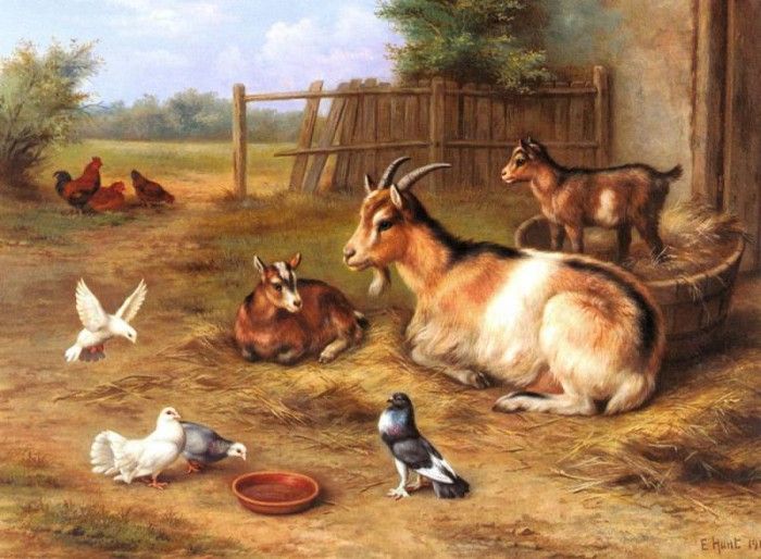 Hunt Edgar A farmyard Scene With Goats Chickens Doves. , 