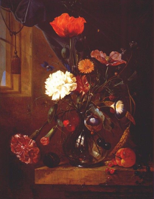 heem bouquet of flowers in glass vase c1650. ,  
