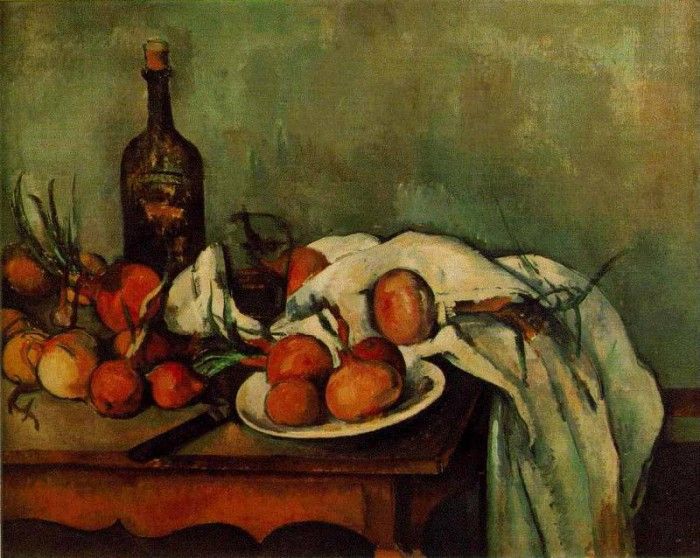 CeZANNE STILL LIFE WITH ONIONS AND BOTTLE,1890-95, LOUVRE. , 