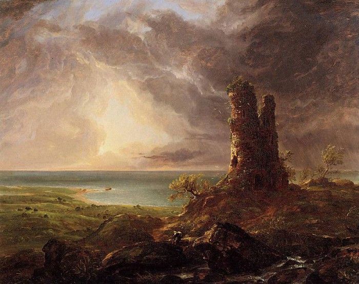 Cole Thomas Romantic Landscape with Ruined Tower. , 