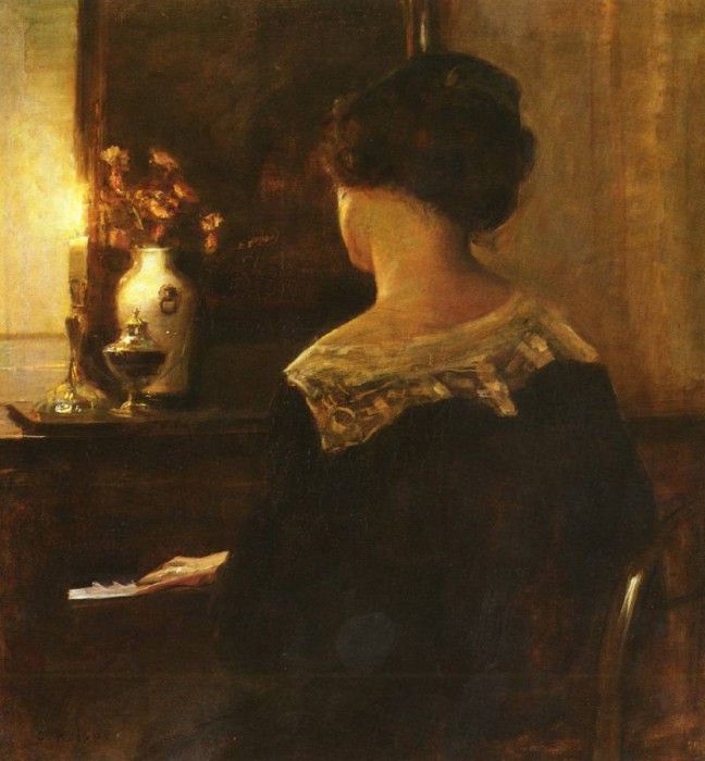 Holsoe Carl Vilhelm (Danish) 1863 to 1935 A Lady Playing The Piano O C 76.8 by 73cm. Holsoe,  