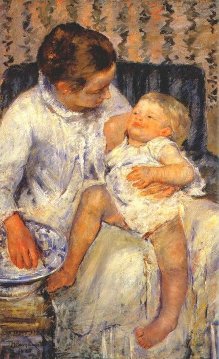 cassatt mother about to wash her sleepy child 1880.  