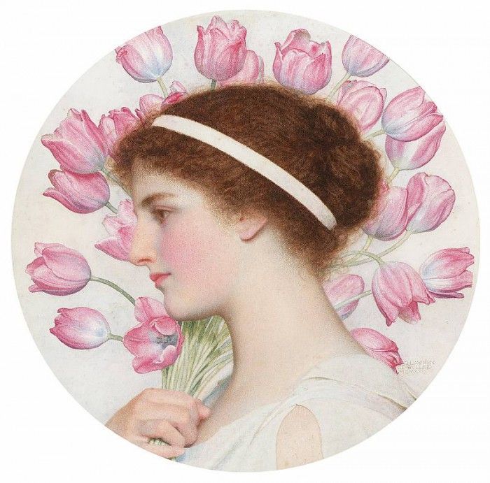 A girl in classical dress bearing tulips. Bulleid  