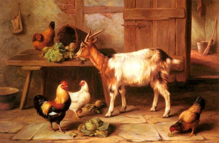 Hunt Edgar Goat And Chickens Feeding In A Cottage Interior. , 