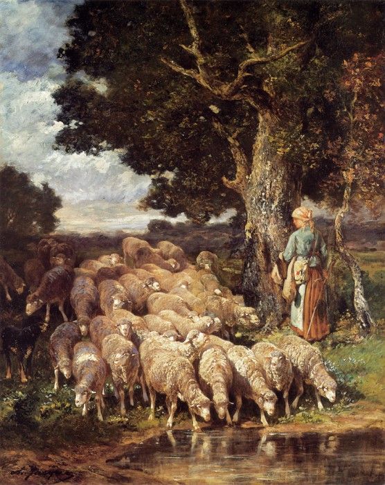 Jacque CE A Shepherdess with her Flock near a Stream. ,  