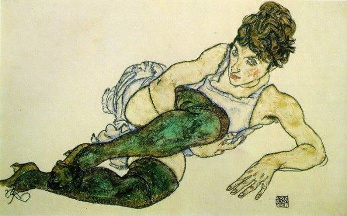 Schiele Reclining Woman with Green Stockings, 1917, 29.4x46 . , 