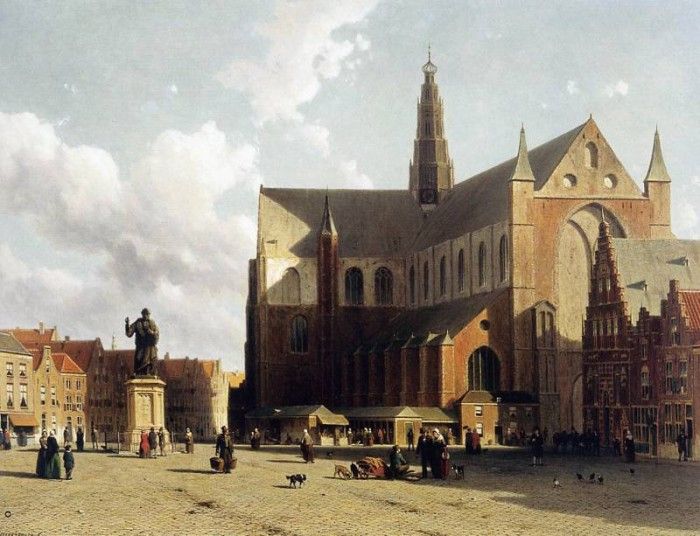 Weissenbruch Johannes Jan View on the market of Haarlem Sun . Weissenbruch,  