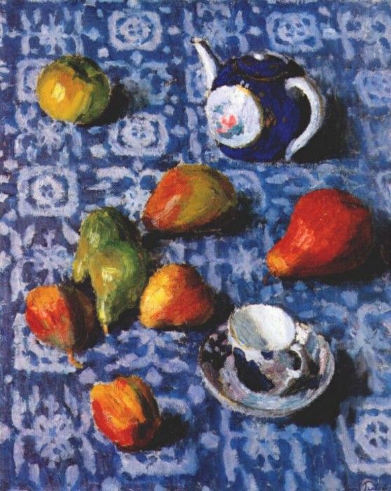 grabar pears on a blue cloth 1915. , 