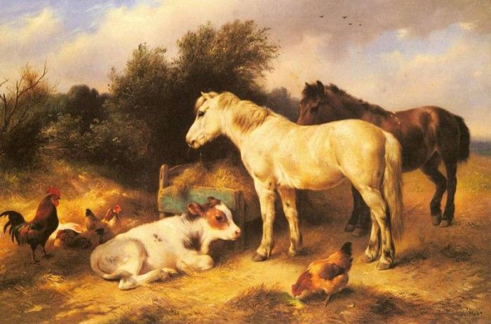 Hunt Walter Ponies A Calf And Poultry In A Farmyard. , 