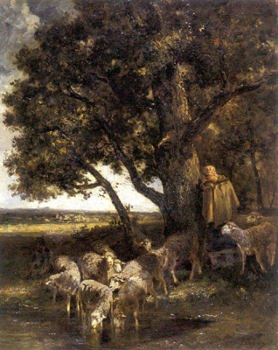 Jacque Charles Emile A Shepherdess with Her Flock by a Pool. ,  