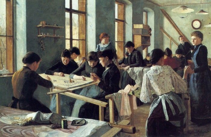 Ladies Embroidering in a Workshop. Strehblow, ������