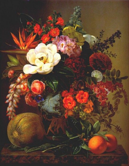 jensen magnolias and other flowers in antique vase 1834. 