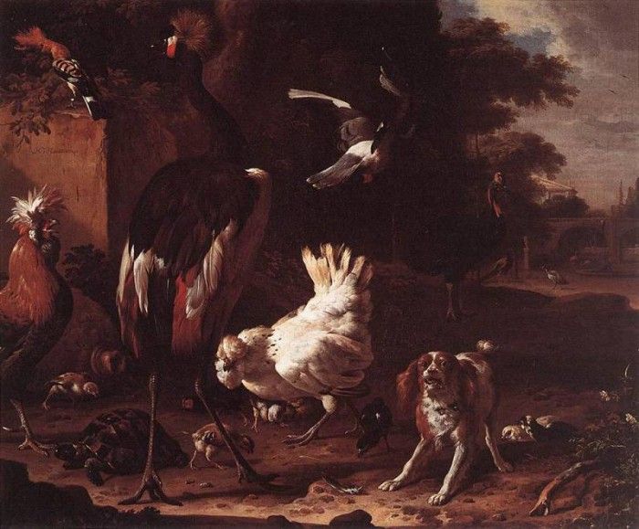 HONDECOETER Melchior d Birds And A Spaniel In A Garden. Hondecoeter,  