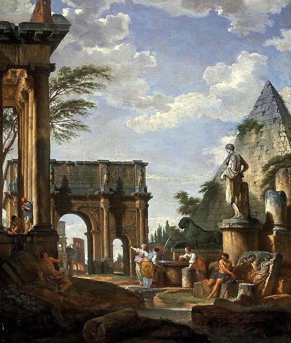 A capriccio of the Roman forum, with the Arch of Constantine, the Pyramid of Cestius and the Colosseum beyond, figures by a fountain in the foreground, 1737. ,  