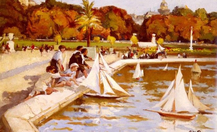 Dupuy Paul Michel Children Sailing Their Boats In The Luxembourg Gardens, Paris.   