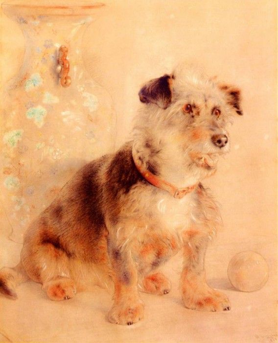 Huggins William Terrier Seated Before A Canton Famille Rose Vase. ,  