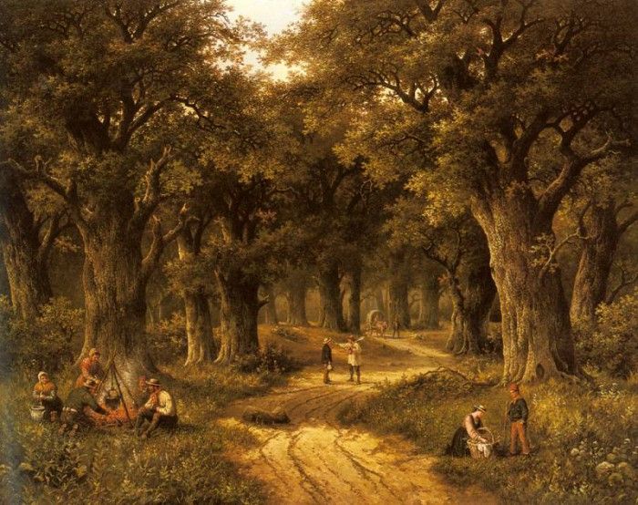 Koekkoek Hendrik Barend Peasants Preparing A Meal Near A Wooded Path. Koekkoek  Barend