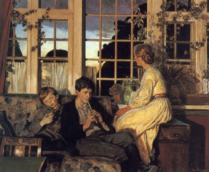 A Mother and Children by a Window at Dusk. , 