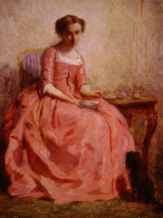 chaplin charles girl in a pink dress reading with a dog. , 