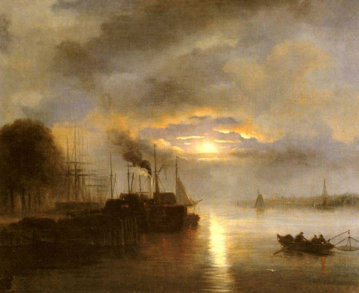 Rooseboom Nicolaas Johannes Vessels Before A Harbour Town By Moonlight. Roosenboom,  Johannes