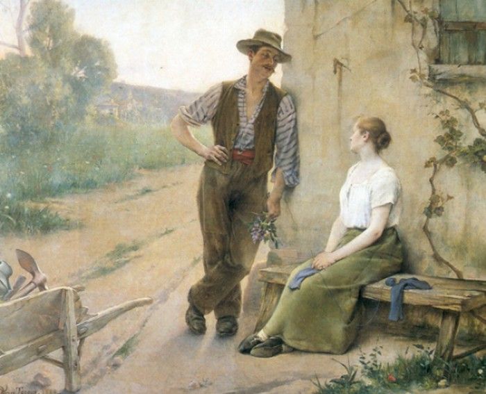 Tanoux Henria Drien Peasant Couple in Farmyard 1889. Tanoux,  Adriene