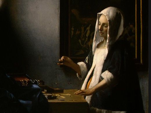 VERMEER WOMAN HOLDING A BALANCE DETALJ 1 NGW. Vermeer, Johannes