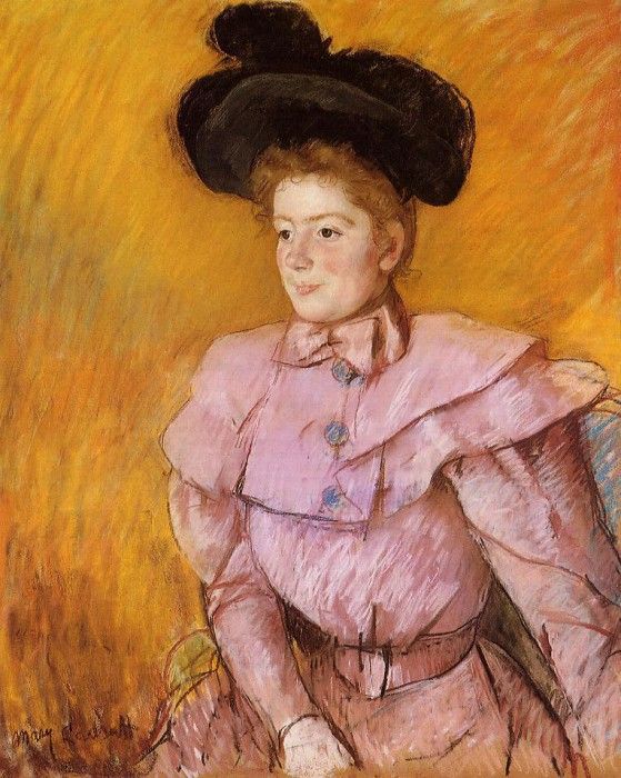 Cassatt Mary Woman in a Black Hat and a Raspberry Pink Costume.  