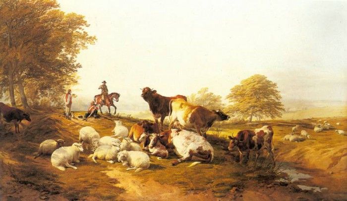 Cooper Thomas Sidney Cattle And Sheep Resting In An Extensive Landscape.   