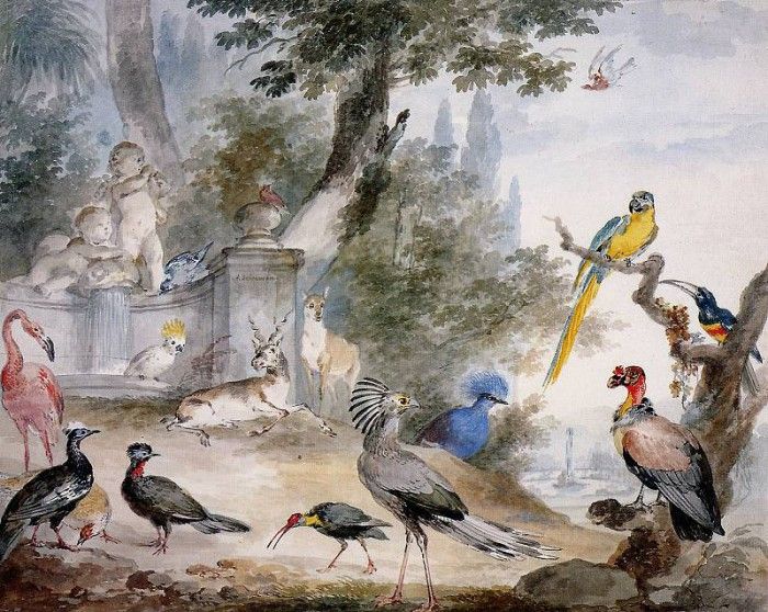 Schouman Aert Birds at a fountain Sun. Schouman, 