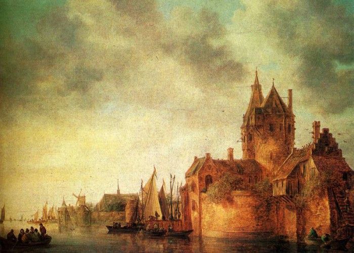 Goyen Jan Josefsz Van A Castle By A River With Shipping At A Quay. ,  