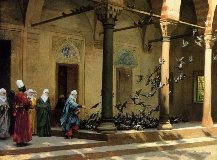 Gerome Jean Leon Harem Women Feeding Pigeons in a Courtyard. , -