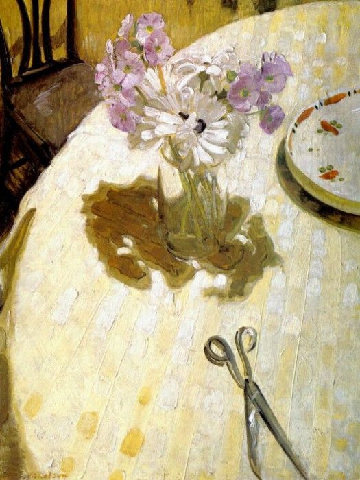 nicholson mauve primulas on table 1928. 