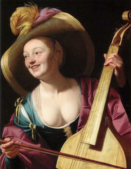 A young woman playing a viola da gamba. Honthorst,  