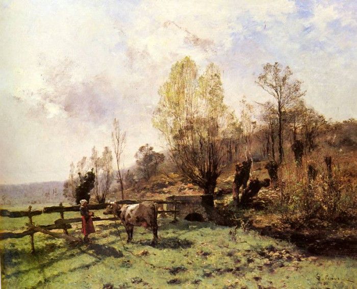 Pelouse Leon Germain A Pastoral Scene With A Milkmaid And A Cow. , -