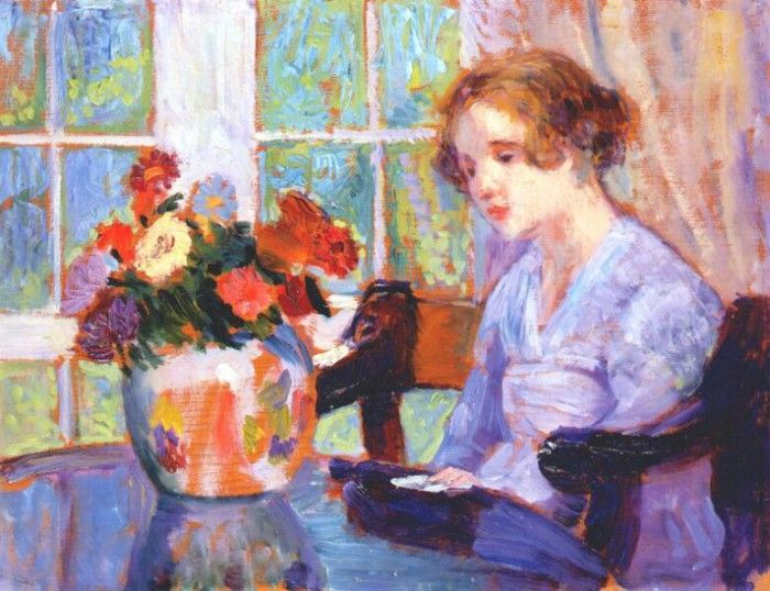 gutmann woman with zinnia bouquet. 