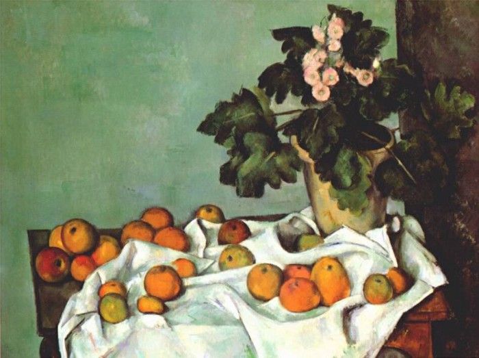 cezanne still life- apples and pot of primroses early-1890s. , 