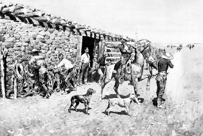 Fr 002 An Overland Station, Indians Coming in with the Stage FredericRemington sqs. Remington, 