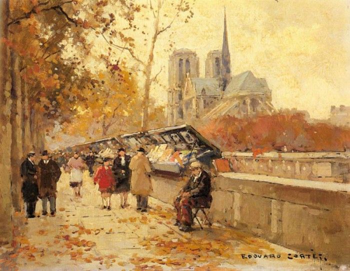 Cortes Edouard Leon Booksellers Along The Seine With A View Of Notre Dame. ,  