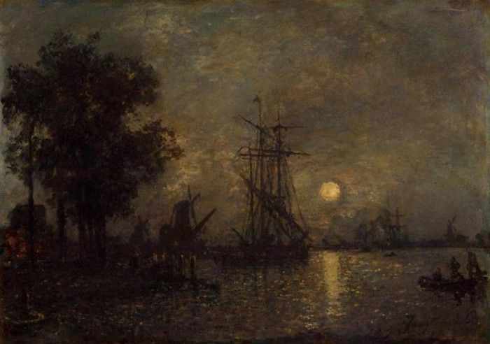 Jongkind Johan Berthold Holandaise Landscape with Docked Boat. Jongkind,  
