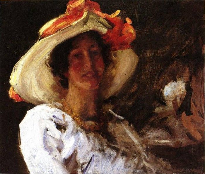 Chase William Merritt Portrait of Clara Stephens Wearing a Hat with an Orange Ribbon. ,  