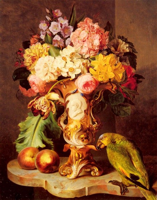 Kuss Ferdinand A Still Life With A Vase Of Assorted Flowers Peaches And A Parrot On A Marble Ledg. Kuss, 